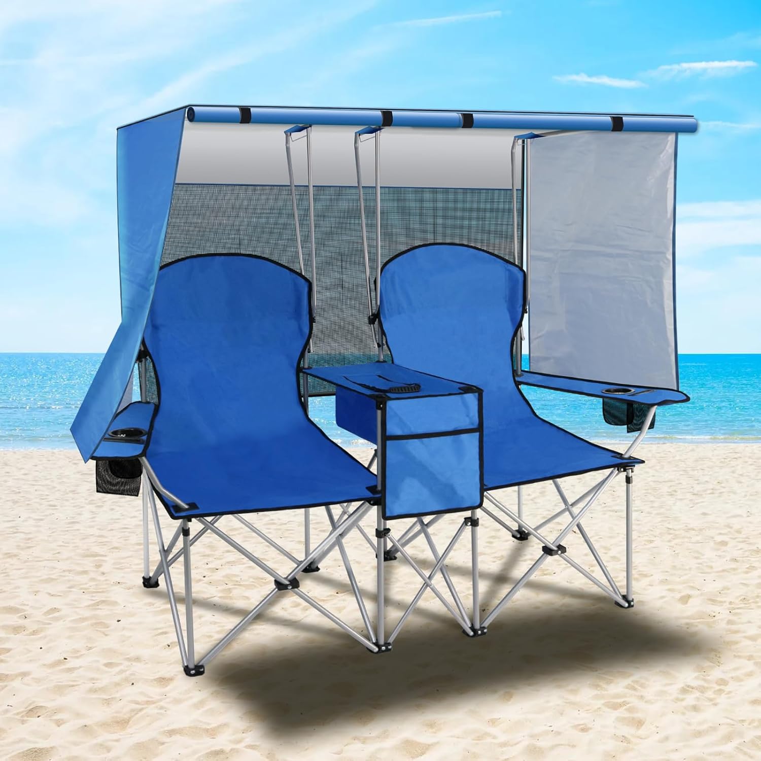 🔥Last Day Sale! PLKO Portable Double Camping Chair with Canopy Shade,Heavy Duty Beach Chairs for Adults,Folding Beach Chair with Cooler Bag for Sports Backyard Fishing Outside（White）