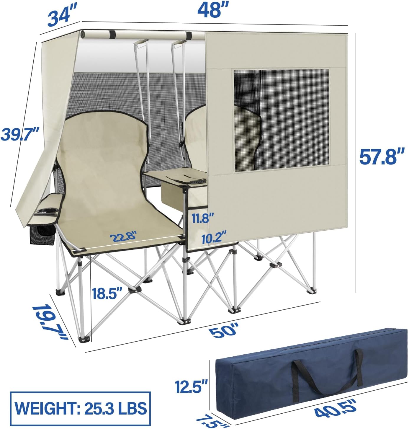 🔥Last Day Sale! PLKO Portable Double Camping Chair with Canopy Shade,Heavy Duty Beach Chairs for Adults,Folding Beach Chair with Cooler Bag for Sports Backyard Fishing Outside（White）