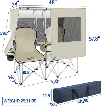 🔥Last Day Sale! PLKO Portable Double Camping Chair with Canopy Shade,Heavy Duty Beach Chairs for Adults,Folding Beach Chair with Cooler Bag for Sports Backyard Fishing Outside（White）