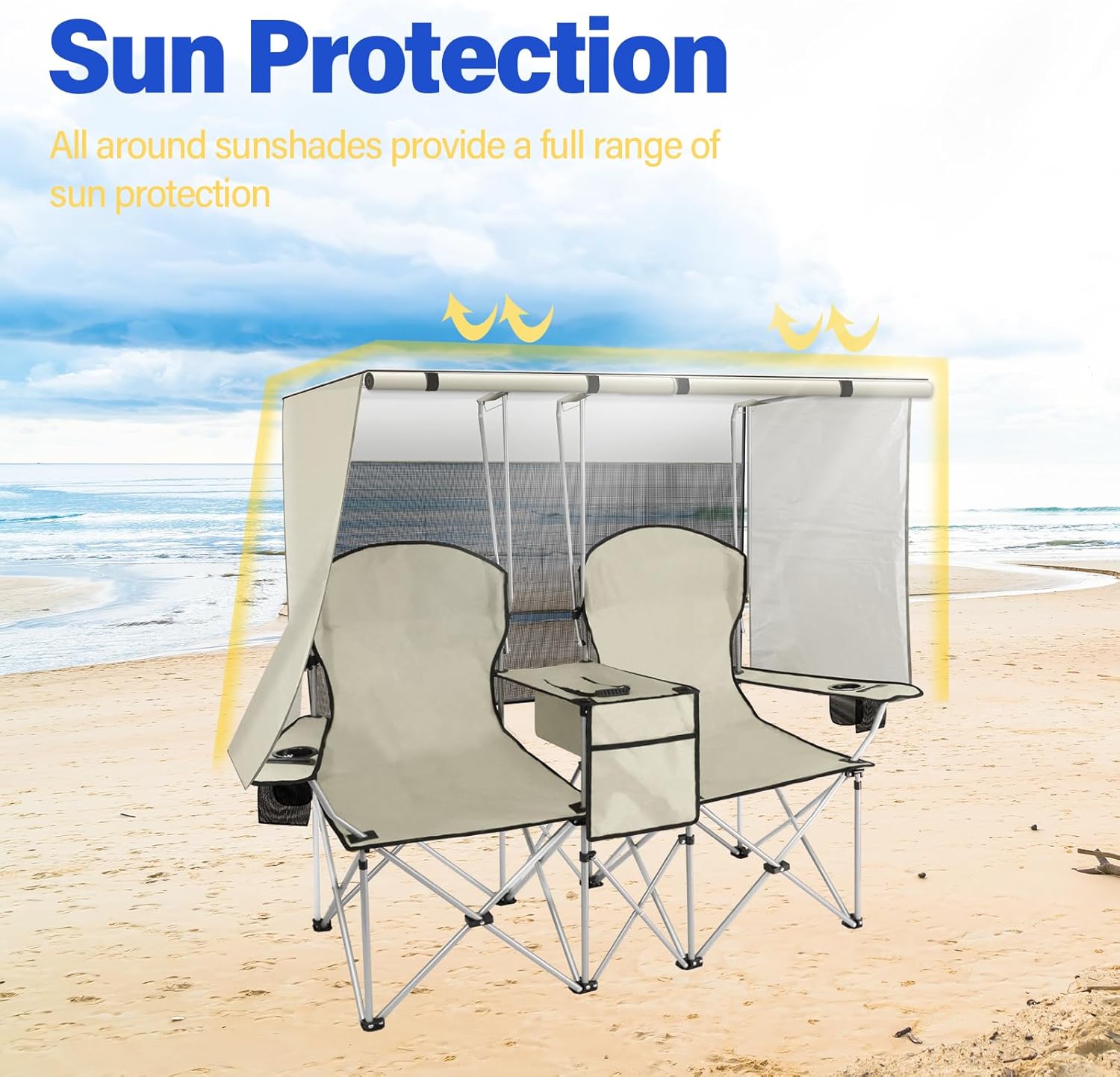 🔥Last Day Sale! PLKO Portable Double Camping Chair with Canopy Shade,Heavy Duty Beach Chairs for Adults,Folding Beach Chair with Cooler Bag for Sports Backyard Fishing Outside（White）