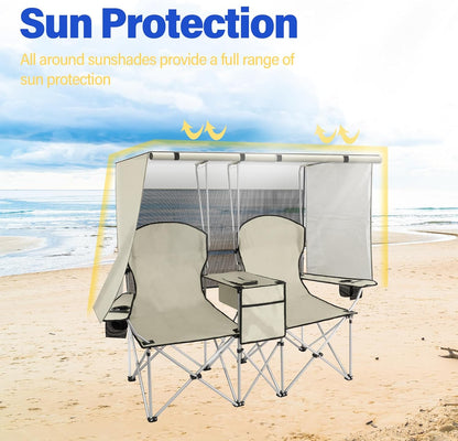 🔥Last Day Sale! PLKO Portable Double Camping Chair with Canopy Shade,Heavy Duty Beach Chairs for Adults,Folding Beach Chair with Cooler Bag for Sports Backyard Fishing Outside（White）