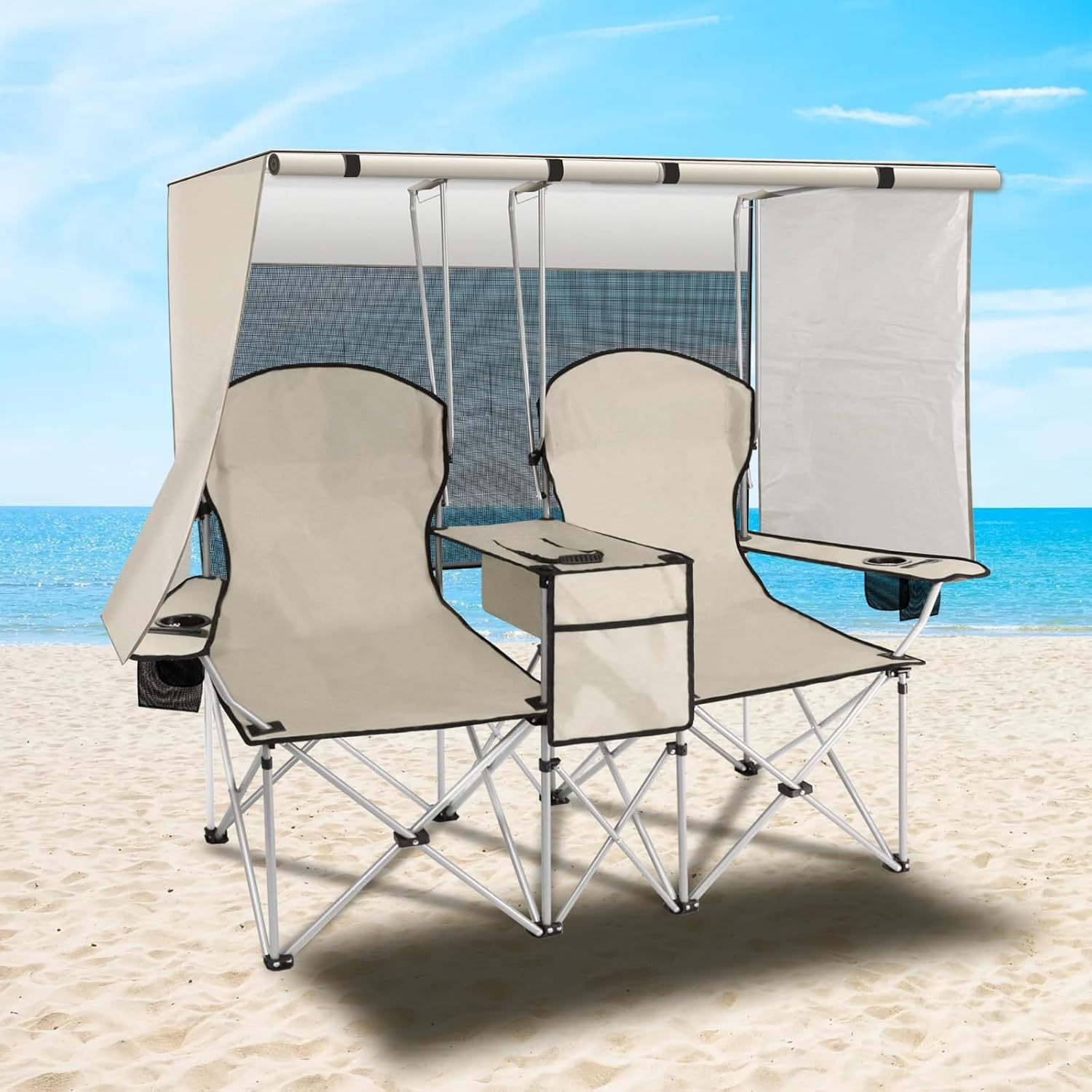 🔥Last Day Sale! PLKO Portable Double Camping Chair with Canopy Shade,Heavy Duty Beach Chairs for Adults,Folding Beach Chair with Cooler Bag for Sports Backyard Fishing Outside（White）