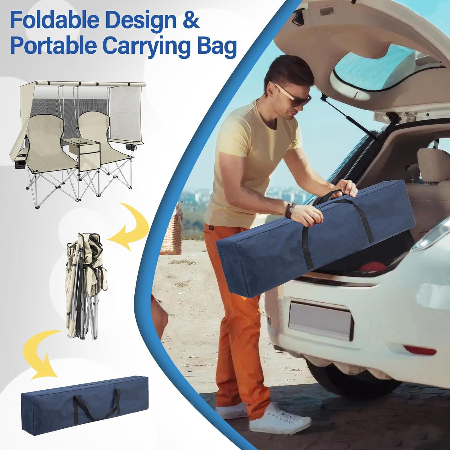 🔥Last Day Sale! PLKO Portable Double Camping Chair with Canopy Shade,Heavy Duty Beach Chairs for Adults,Folding Beach Chair with Cooler Bag for Sports Backyard Fishing Outside（White）