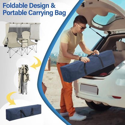 🔥Last Day Sale! PLKO Portable Double Camping Chair with Canopy Shade,Heavy Duty Beach Chairs for Adults,Folding Beach Chair with Cooler Bag for Sports Backyard Fishing Outside（White）