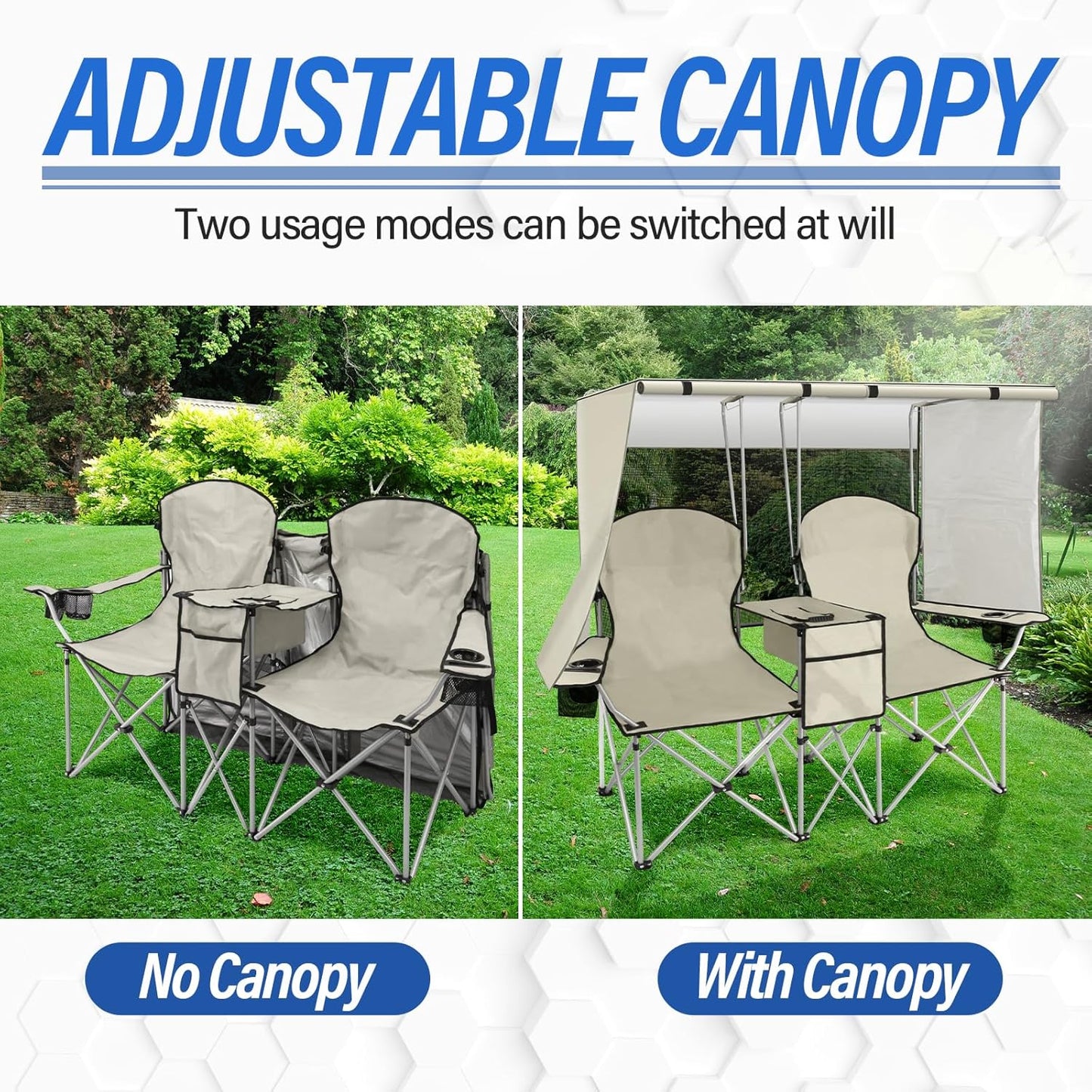 🔥Last Day Sale! PLKO Portable Double Camping Chair with Canopy Shade,Heavy Duty Beach Chairs for Adults,Folding Beach Chair with Cooler Bag for Sports Backyard Fishing Outside（White）