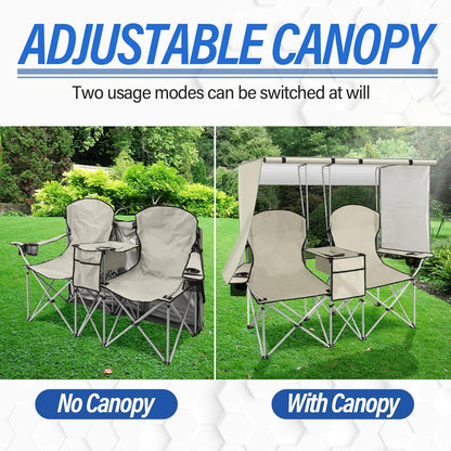 🔥Last Day Sale! PLKO Portable Double Camping Chair with Canopy Shade,Heavy Duty Beach Chairs for Adults,Folding Beach Chair with Cooler Bag for Sports Backyard Fishing Outside（White）