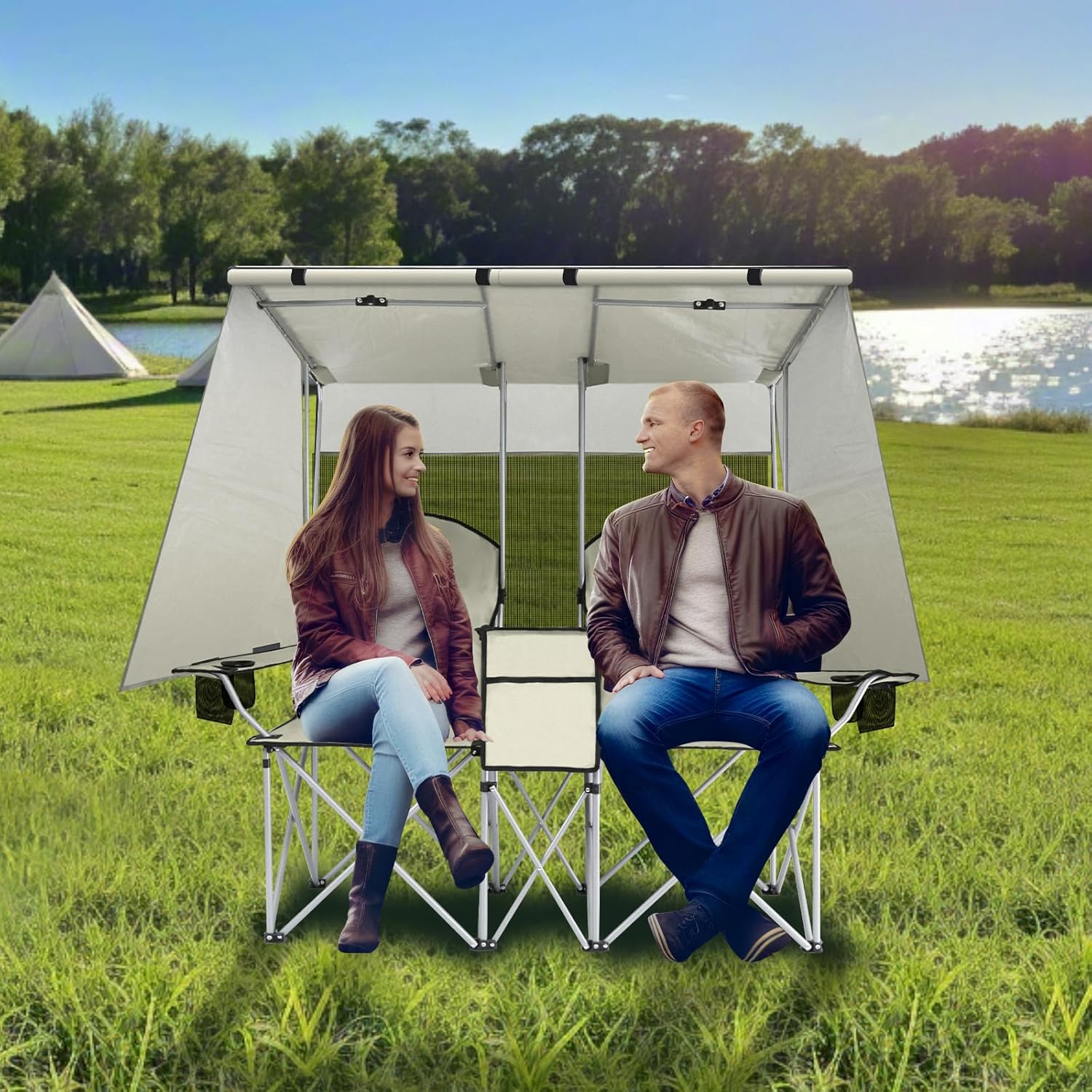 🔥Last Day Sale! PLKO Portable Double Camping Chair with Canopy Shade,Heavy Duty Beach Chairs for Adults,Folding Beach Chair with Cooler Bag for Sports Backyard Fishing Outside（White）